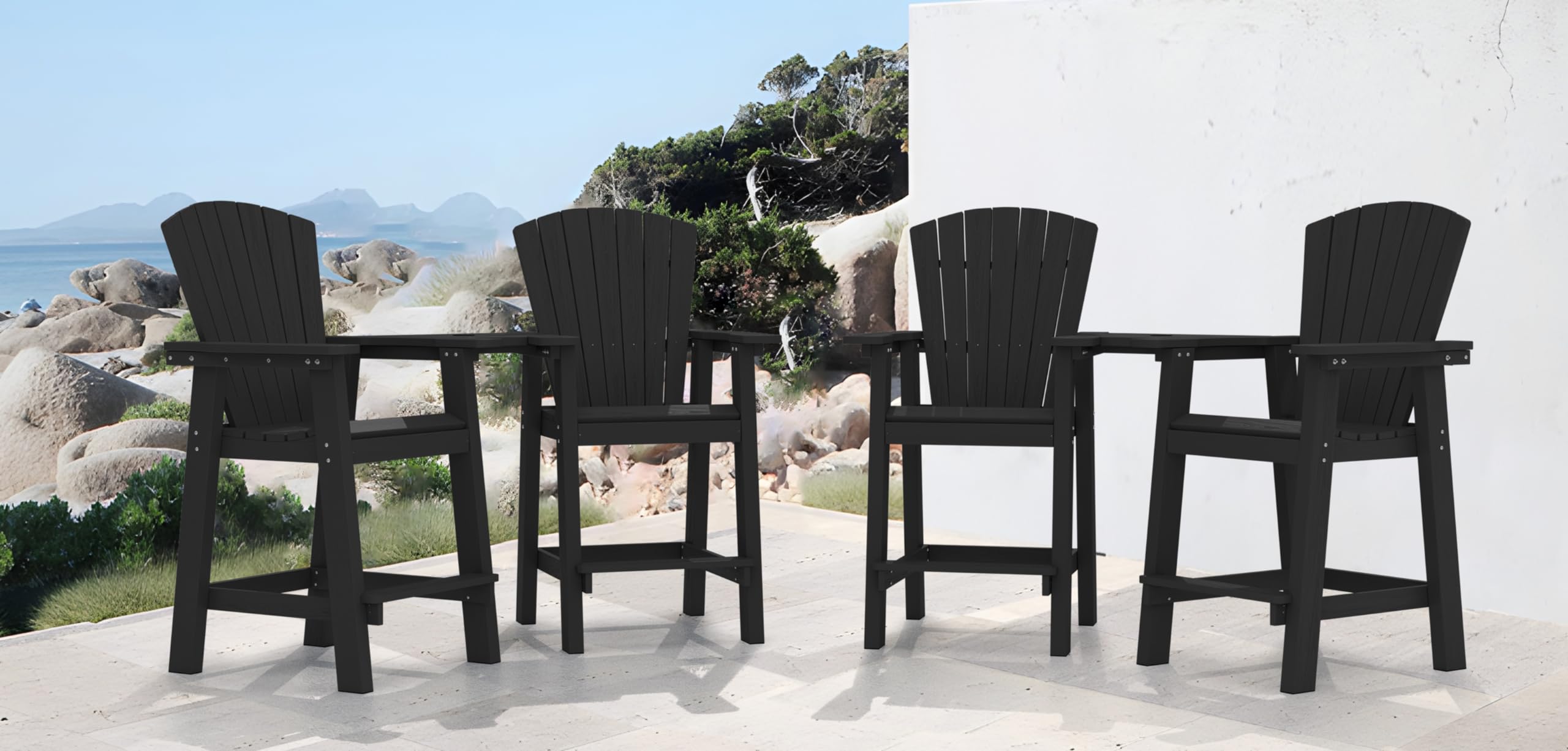 Kingyes Embossed Tall Adirondack Chair Set Of 4, Outdoor Adirondack Bar Stools With Connecting Tray, High Airondack Chair With Wood Grain For Balcony, Black